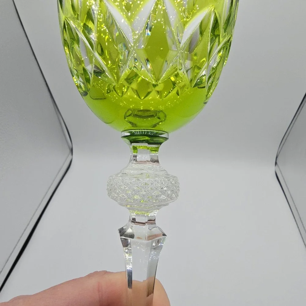 Vtg Crystal Wine Goblet Glass Green Cut‎ Glass Unknown Maker